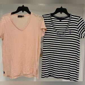 Polo Ralph Lauren Women's Coral / Blue & White Striped 2PCS Tees Lot Size M